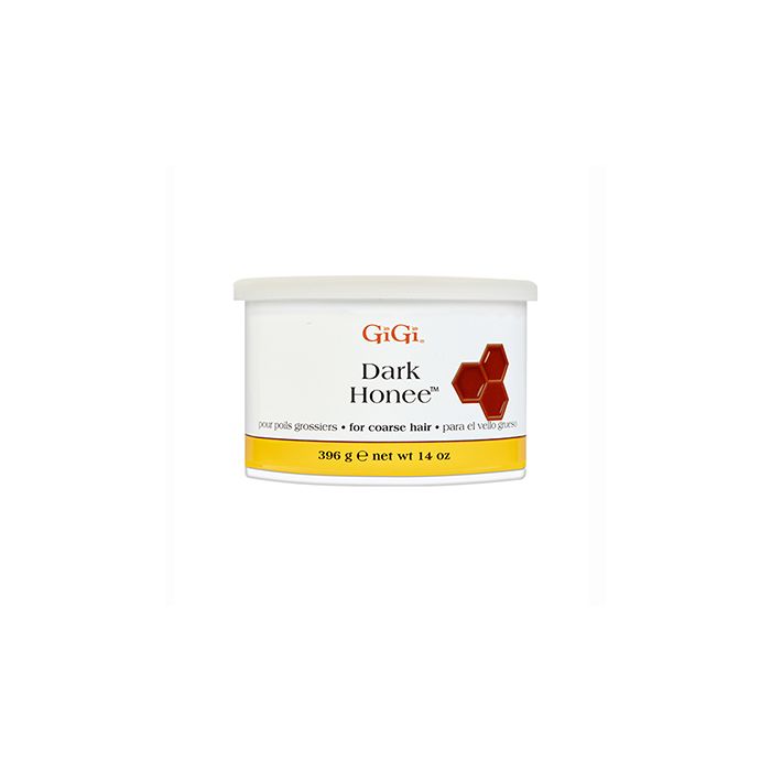 Front view of a 14 ounce can of GiGi Dark Honee featuring product information