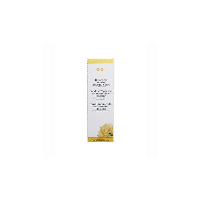 Expansive illustration of GiGi Bleached Muslin strips pack with text details in three different languages Expansive illustration of GiGi Bleached Muslin strips pack with text details in three different languages