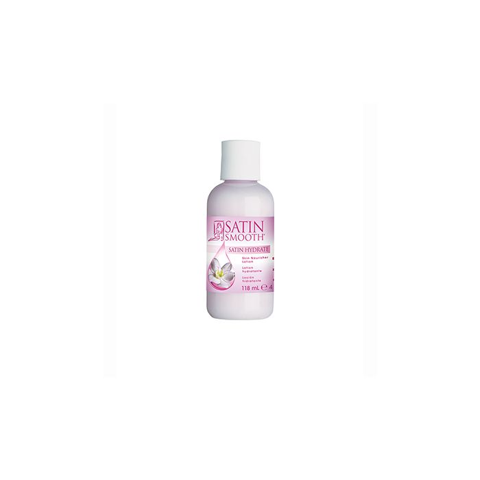 Front view of a Satin Smooth Satin Hydrate Skin Nourisher 118 ml bottle featuring its light pink moisturizer contents