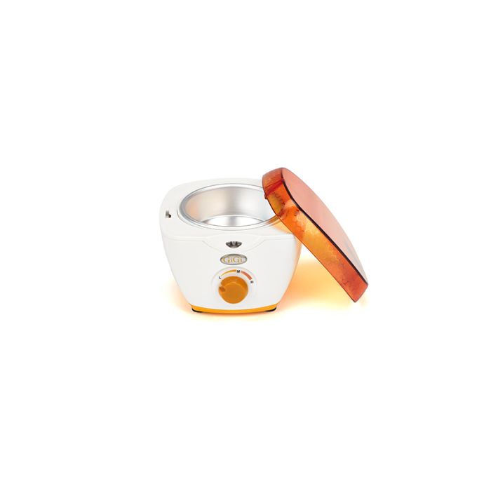 Angled top view of GiGi Honee Wax Warmer with its orange lid propped up against its left side