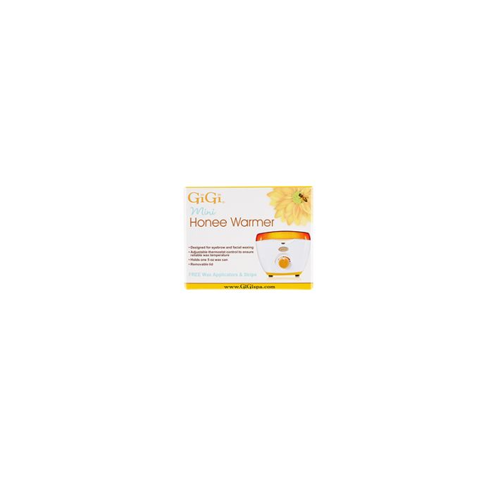 The front side of GiGi Honee Wax Warmer retail box depicting the wax warmer with detailed product information 