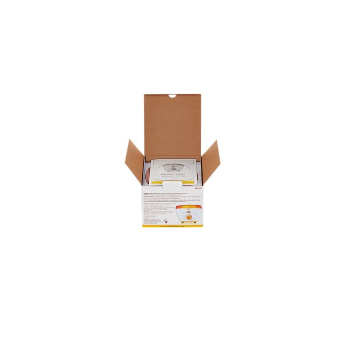 GiGi Mini Honee Wax Warmer retail box with open top flaps showing instruction manual on top of wax warmer's orange lid