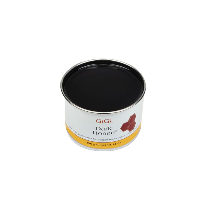 Angled top view of an open 14 ounce can of GiGi Dark Honee filled with melted almost black colored wax
