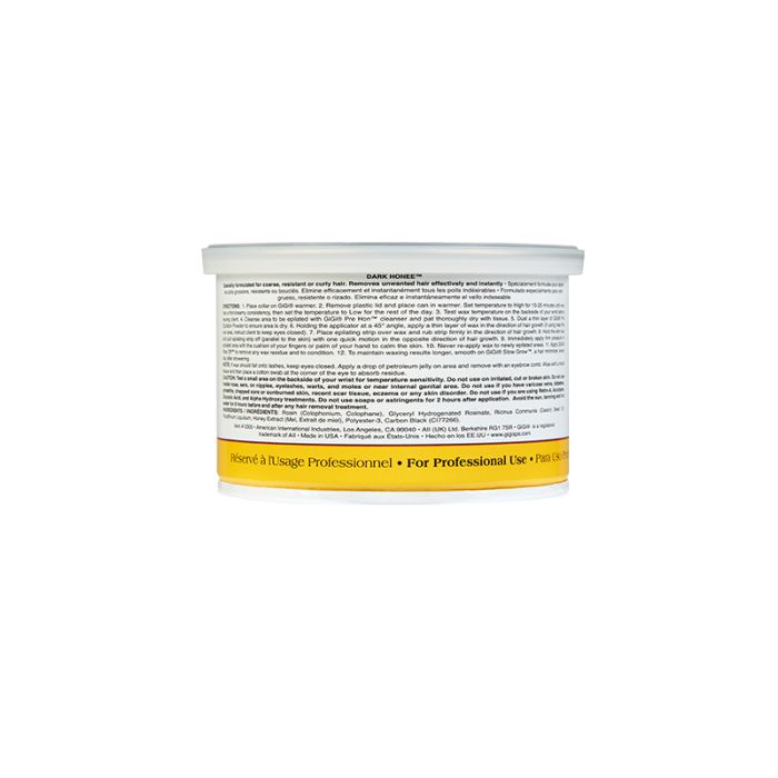 Back of GiGi Dark Honee 14 ounce can showing product information, instructions, and warnings