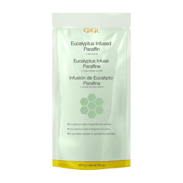 Front face of GiGi Eucalyptus Infused Paraffin Infused Wax 16 ounce pack with product name in 3 languages, markings, & information Front face of GiGi Eucalyptus Infused Paraffin Infused Wax 16 ounce pack with product name in 3 languages, markings, & information