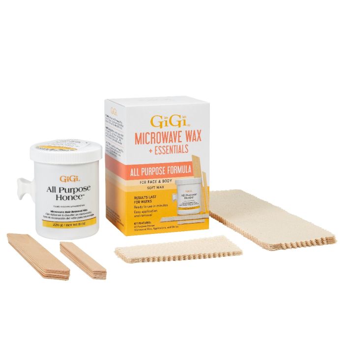 GiGi All Purpose Honee Microwave Wax & Essentials box alongside Honee Wax canister, Accu Edge Applicators, & Muslin Strips 