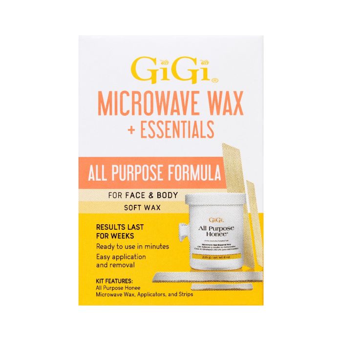 Front view of GiGi All Purpose Honee Microwave Wax & Essentials retail box with product information and depictions Front view of GiGi All Purpose Honee Microwave Wax & Essentials retail box with product information and depictions