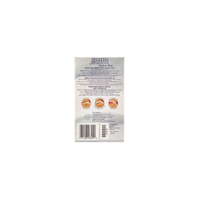 Back of Satin Smooth EZ Grip Muslin Contour Cloth Facial Strip with product information & instructions