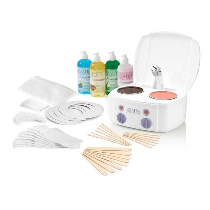 Satin Smooth Professional Double Warmer Wax Kit featuring wax warmer, after wax products, strips, collars, & applicators