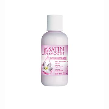 Front view of a Satin Smooth Satin Hydrate Skin Nourisher 4 ounce bottle featuring its light pink moisturizer contents